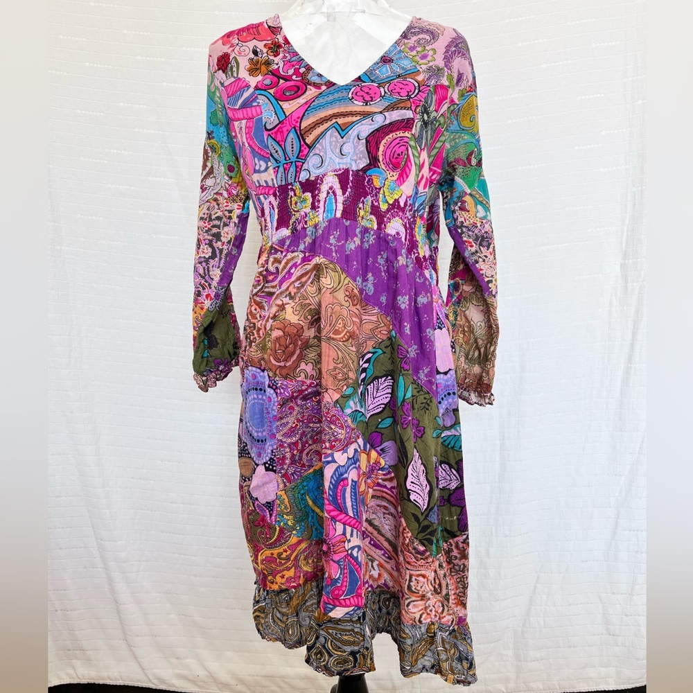Blue Sky Colorful Patchwork Paisley Long Sleeve Dress w/Empire Waist Sz XL